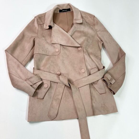 Zara Basic Trench Coat Womens Medium Light Pink Belted Double Breasted - Picture 1 of 10